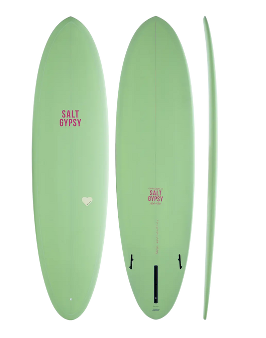 Cynthia Rowley X Salt Gypsy Mid Tide mid length surfboard - pastachio