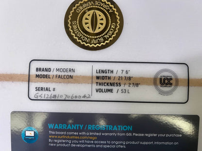 7'6" Modern Falcon Golden Orange 53 Litres