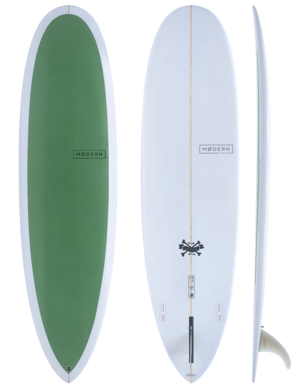 Modern Surfboard Love Child. Mid Length surfboard - pine green