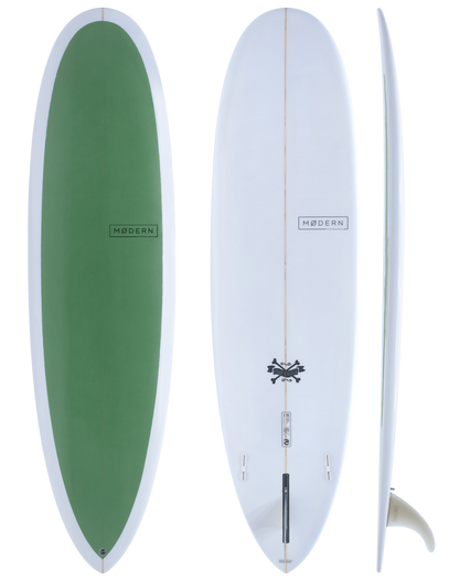 Modern Surfboard Love Child. Mid Length surfboard - pine green