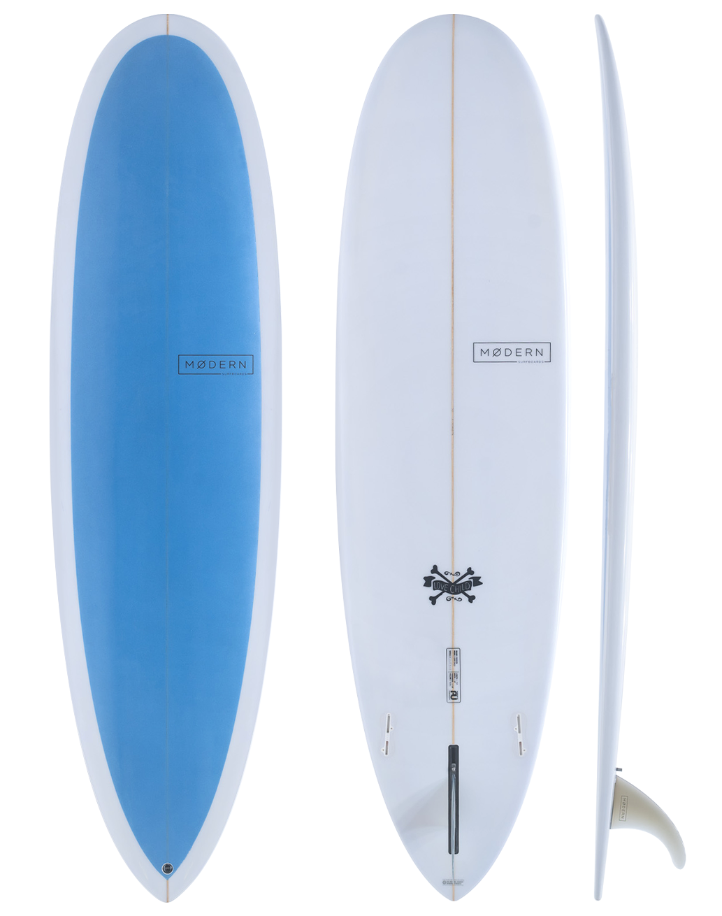 Modern Surfboard Love Child. Mid Length surfboard - sea note blue
