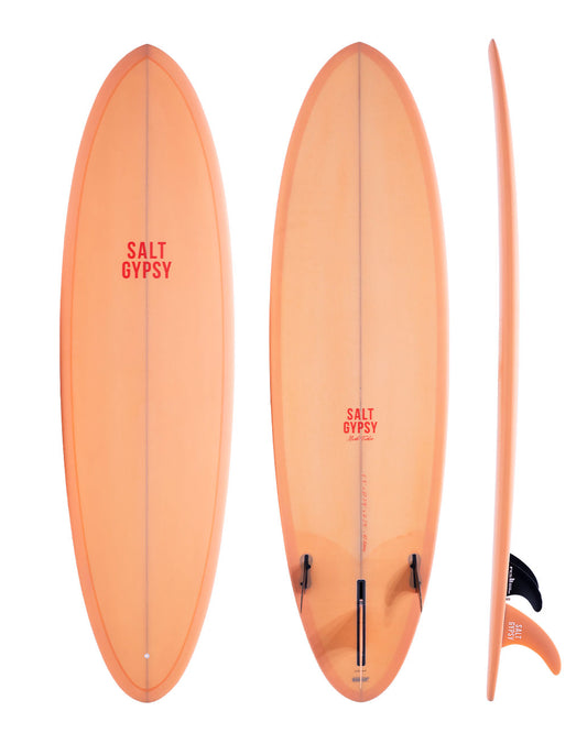 Salt Gypsy mid tide mid length surfboard - peach fuzz