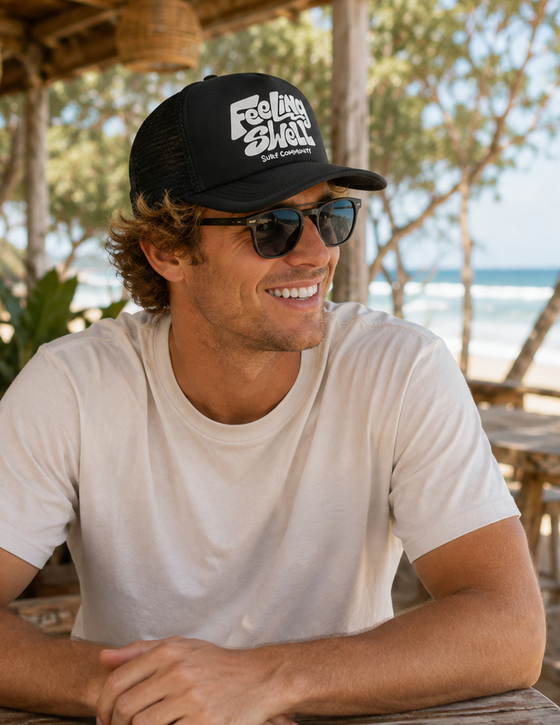 Feeling Swell Logo Trucker Hat in Black.