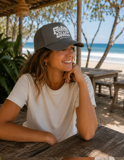Feeling Swell Logo Trucker Hat in Grey.