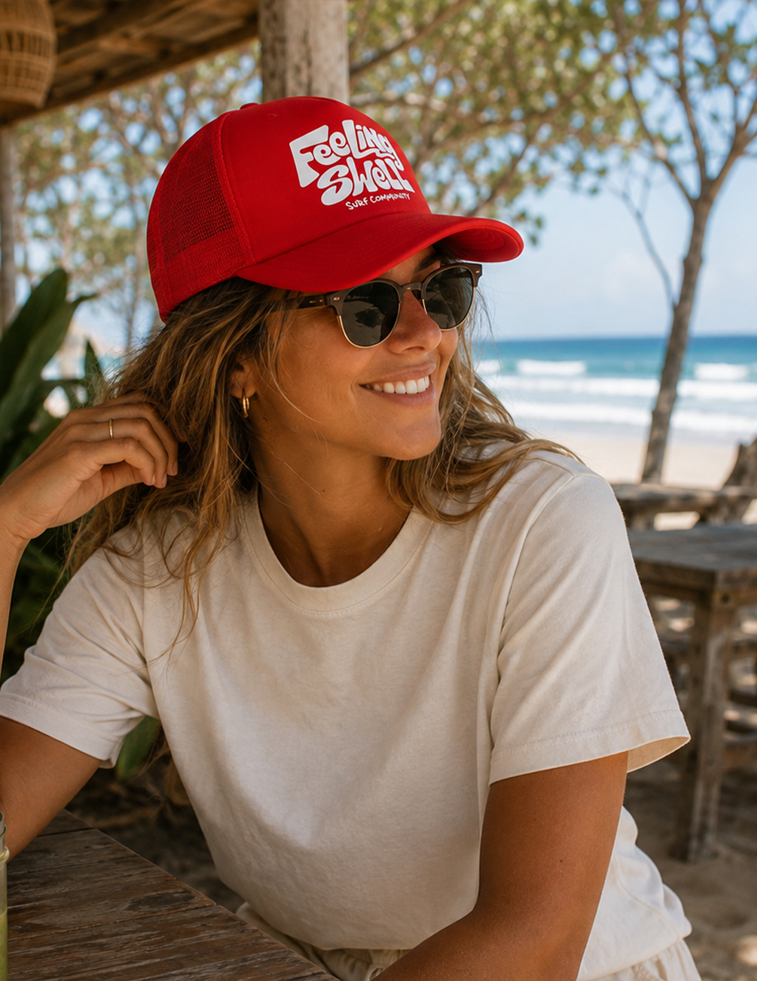 Feeling Swell Logo Trucker Hat in Red.