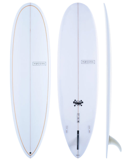 Modern Surfboards - Love Child white mid length surfboard