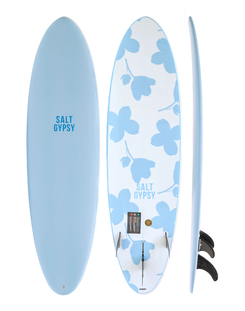 Salt Gypsy Surfboards - Mid Tide blue and white floral soft surfboard
